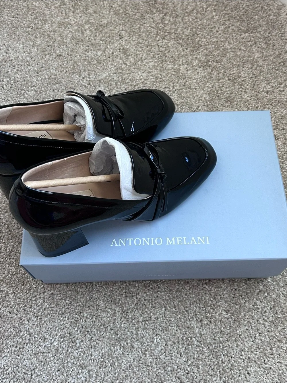 Antonio Melani Ahmber Black Patent Leather Block Heel Loafer Pumps Size 8M